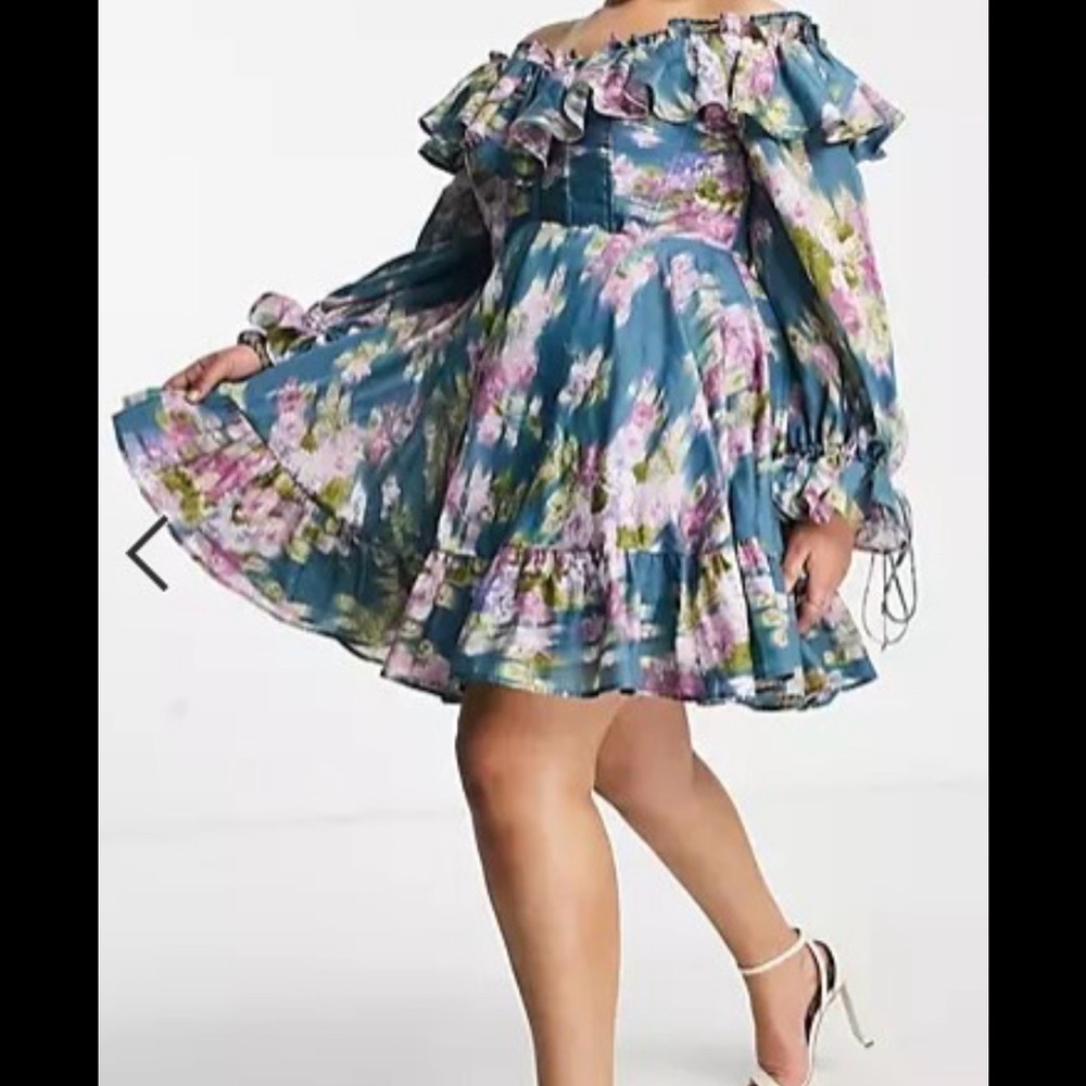 Floral Off-Shoulder Dress in Blue and Pink ASOS curve size 18